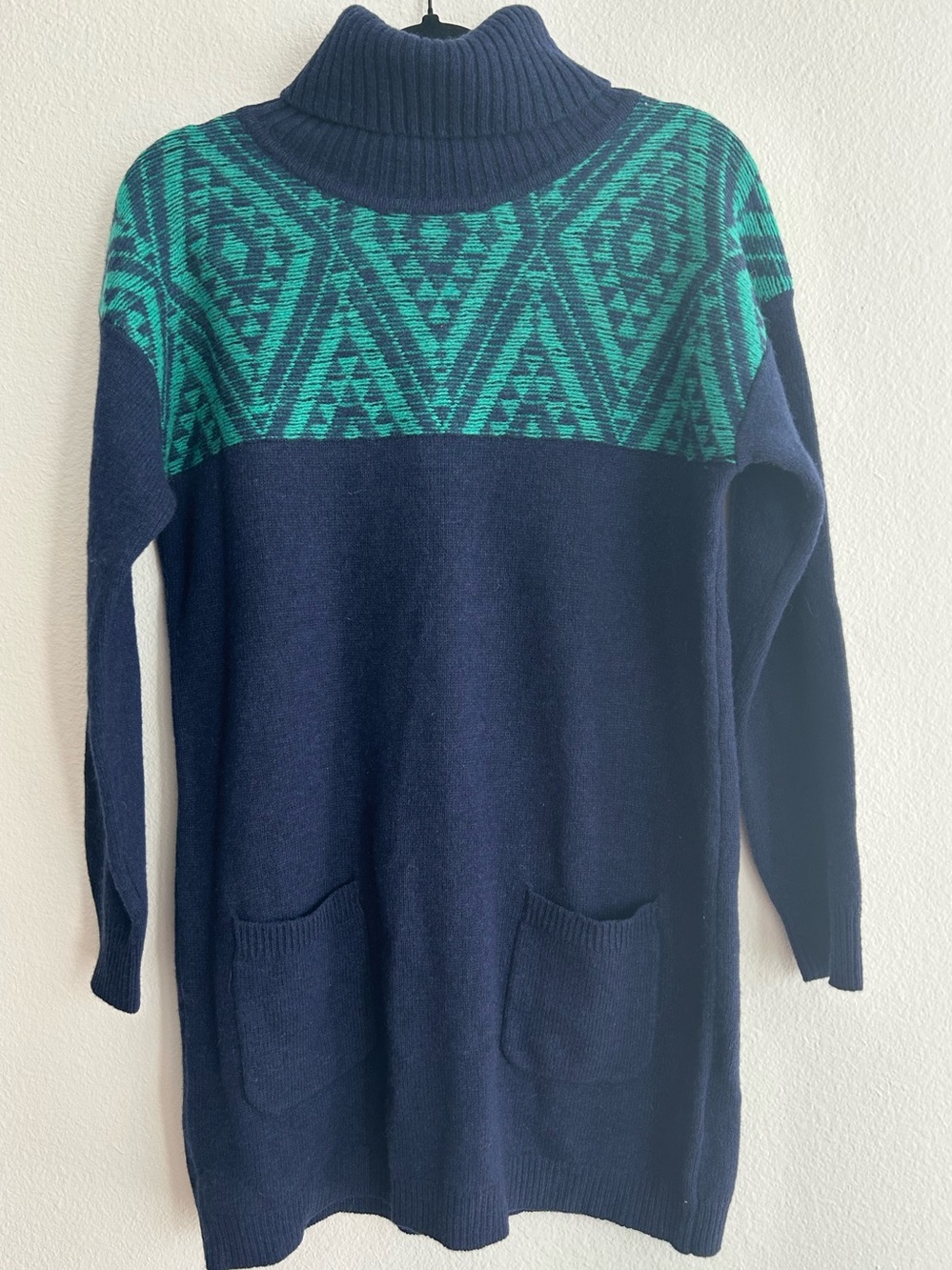 WoolOvers 100% Lambswool Fair Isle Navy Teal Turtleneck Tunic Sweater Dress S
